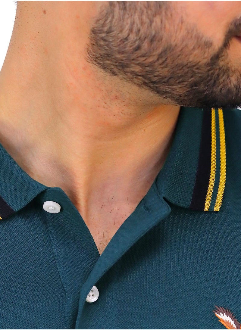 Men's Pique Flat Knit Collar Short Sleeve Eagle Embroidery Solid Color Polo