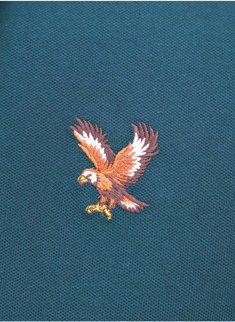 Men's Pique Flat Knit Collar Short Sleeve Eagle Embroidery Solid Color Polo