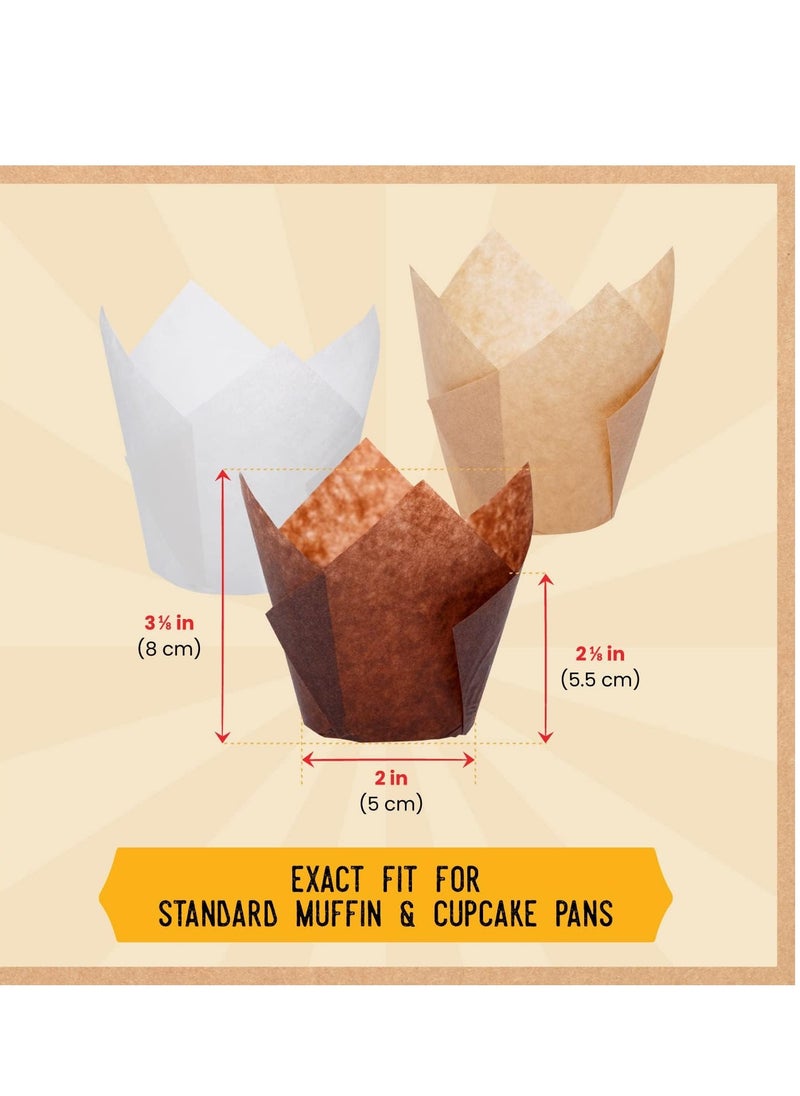 Tulip Cupcake Liners, Muffin Liners for Baking by Baker’s Signature – 150pcs of Parchment Paper Cups Cupcake Wrappers – Perfect Size, Sturdy, Greaseproof & Easy to Use – Beige White Brown