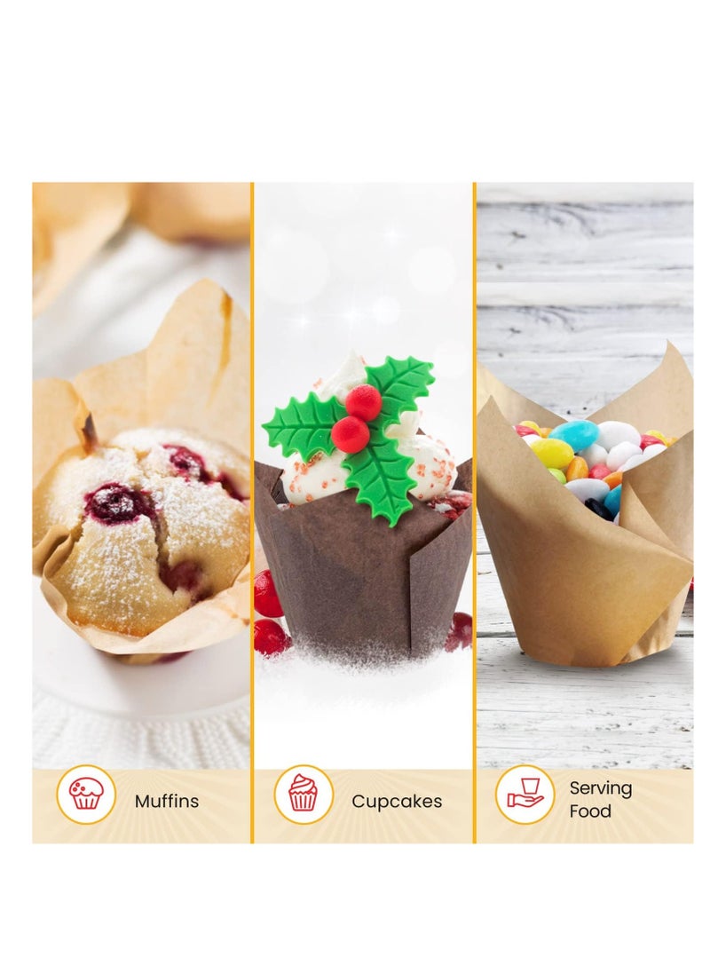 Tulip Cupcake Liners, Muffin Liners for Baking by Baker’s Signature – 150pcs of Parchment Paper Cups Cupcake Wrappers – Perfect Size, Sturdy, Greaseproof & Easy to Use – Beige White Brown