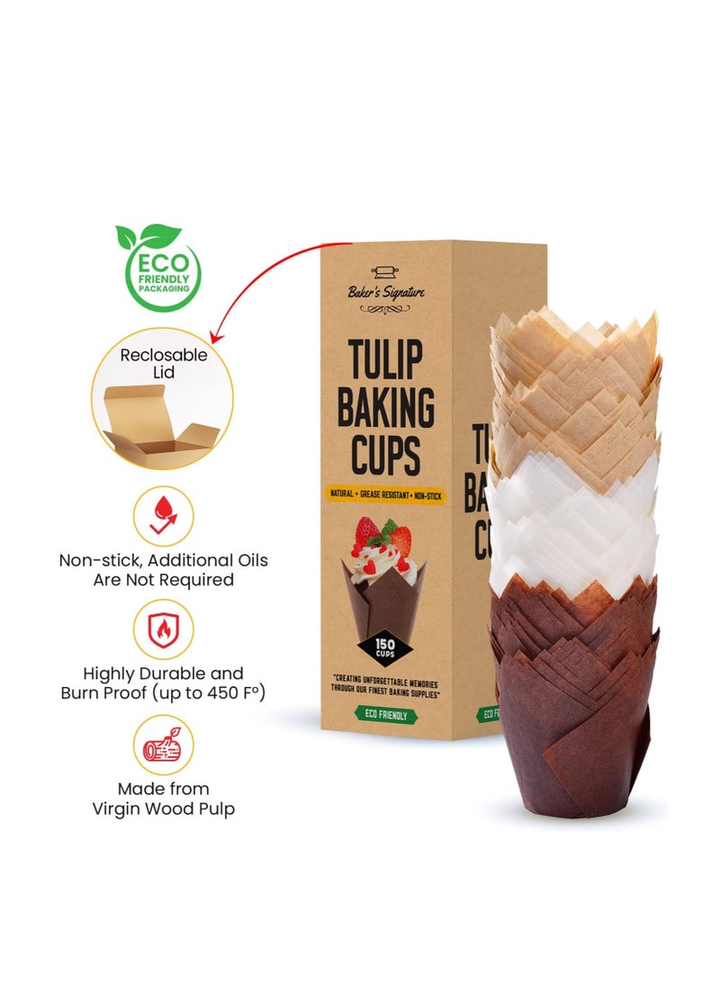 Tulip Cupcake Liners, Muffin Liners for Baking by Baker’s Signature – 150pcs of Parchment Paper Cups Cupcake Wrappers – Perfect Size, Sturdy, Greaseproof & Easy to Use – Beige White Brown