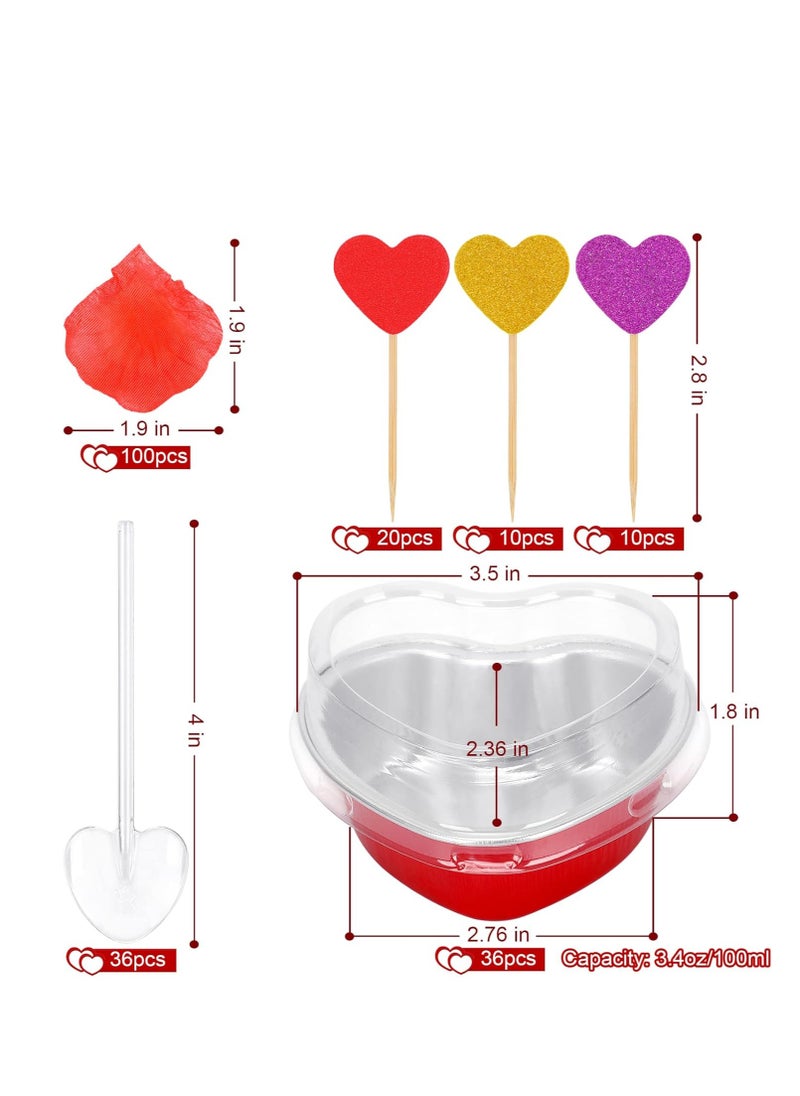 Colovis Heart Shaped Cake Pans, 36 Pack 3.4oz Red Mini Aluminum Foil Baking Cups with Lids Spoons Disposable Ramekins Cupcake Liners Kit for Valentine's Day Wedding Party (36 Pack)