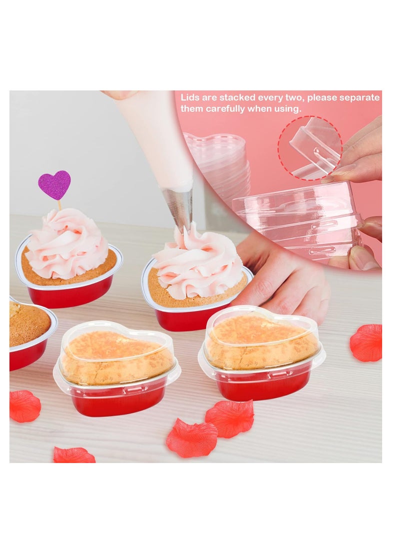 Colovis Heart Shaped Cake Pans, 36 Pack 3.4oz Red Mini Aluminum Foil Baking Cups with Lids Spoons Disposable Ramekins Cupcake Liners Kit for Valentine's Day Wedding Party (36 Pack)