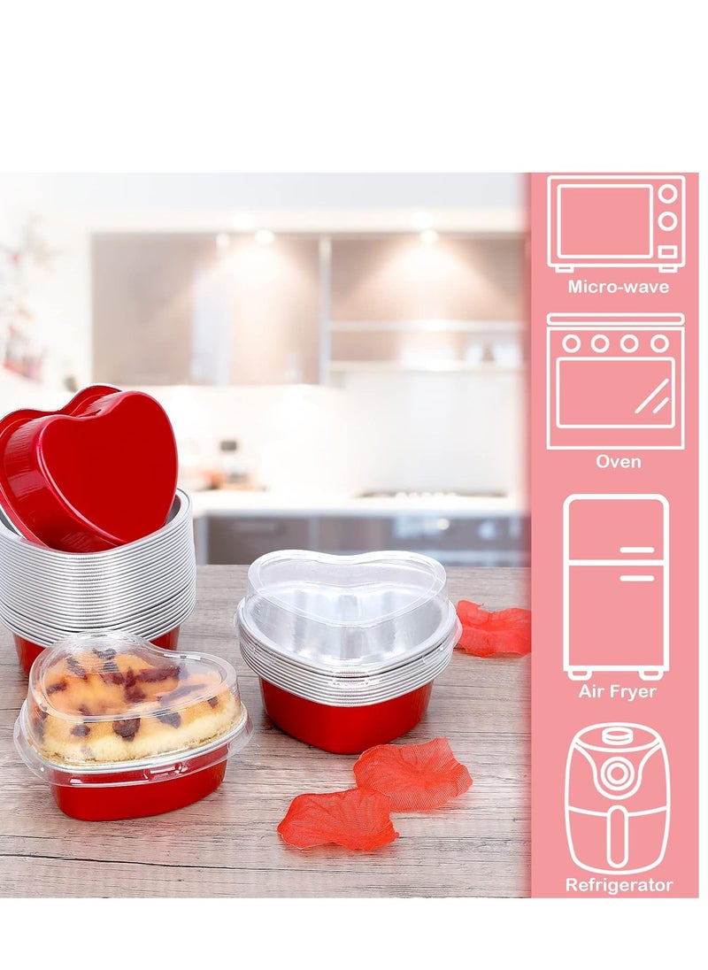 Colovis Heart Shaped Cake Pans, 36 Pack 3.4oz Red Mini Aluminum Foil Baking Cups with Lids Spoons Disposable Ramekins Cupcake Liners Kit for Valentine's Day Wedding Party (36 Pack)