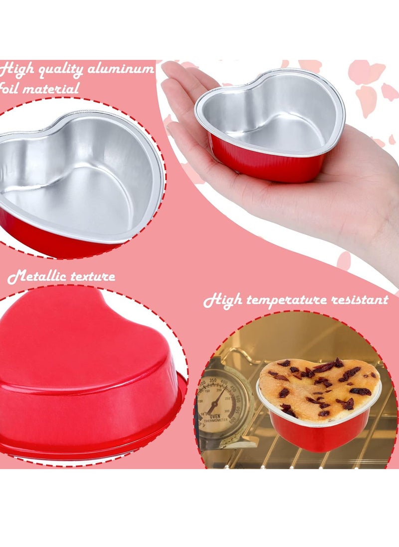 Colovis Heart Shaped Cake Pans, 36 Pack 3.4oz Red Mini Aluminum Foil Baking Cups with Lids Spoons Disposable Ramekins Cupcake Liners Kit for Valentine's Day Wedding Party (36 Pack)