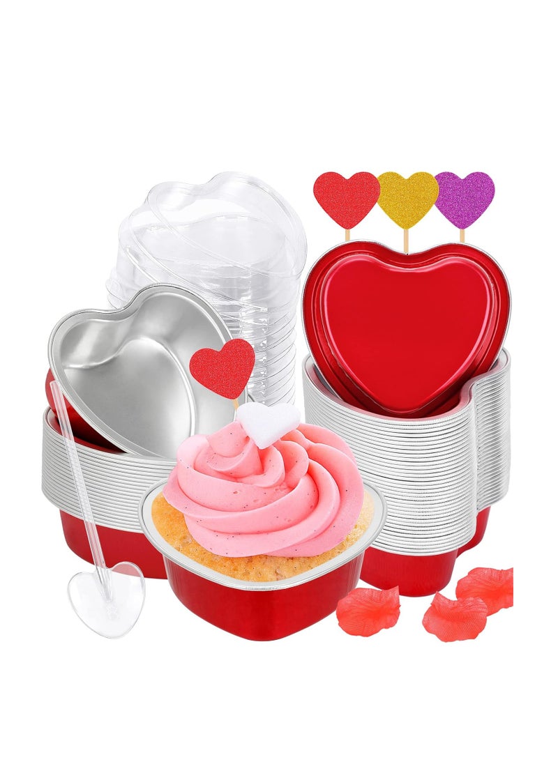 Colovis Heart Shaped Cake Pans, 36 Pack 3.4oz Red Mini Aluminum Foil Baking Cups with Lids Spoons Disposable Ramekins Cupcake Liners Kit for Valentine's Day Wedding Party (36 Pack)