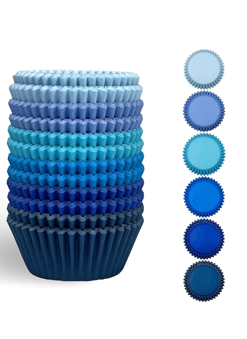 qiqee 300 Counts Cupcake Liners Cupcake Cups Food Grade 6 Solid Blue Colors Cupcake Papers Muffin Baking Cups Cupcake Wrappers (Standard Size)