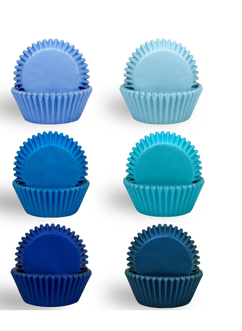 qiqee 300 Counts Cupcake Liners Cupcake Cups Food Grade 6 Solid Blue Colors Cupcake Papers Muffin Baking Cups Cupcake Wrappers (Standard Size)