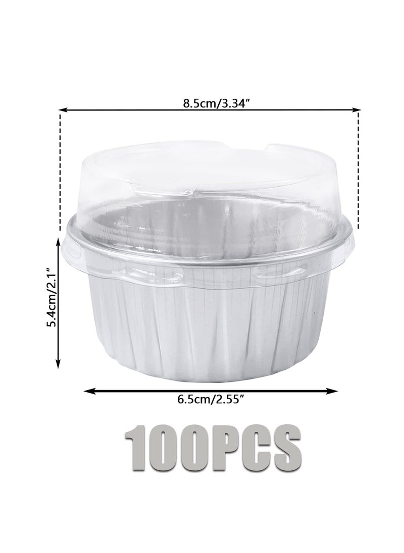 100Pcs Aluminum Cups with Lids,5oz Disposable Ramekin Baking Cups Muffin Liners Mini Pie Pans Foil Cupcake Containers for Christmas Party Wedding,Silver