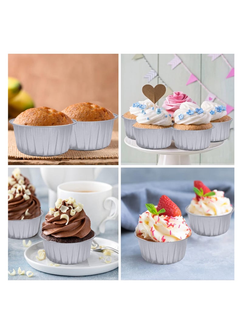 100Pcs Aluminum Cups with Lids,5oz Disposable Ramekin Baking Cups Muffin Liners Mini Pie Pans Foil Cupcake Containers for Christmas Party Wedding,Silver