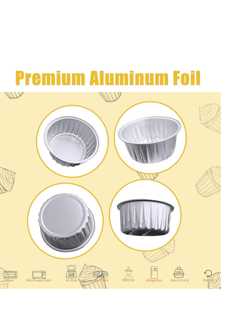 100Pcs Aluminum Cups with Lids,5oz Disposable Ramekin Baking Cups Muffin Liners Mini Pie Pans Foil Cupcake Containers for Christmas Party Wedding,Silver