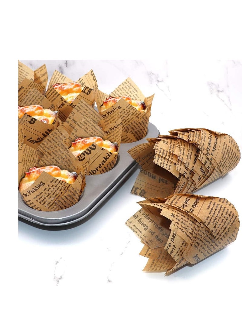 150pcs Tulip Cupcake Liners Baking Cups Muffin Liner Grease-Proof Paper Cupcake Wrappers for Wedding, Birthday Party, Standard Size (Natural Newspaper Printed)