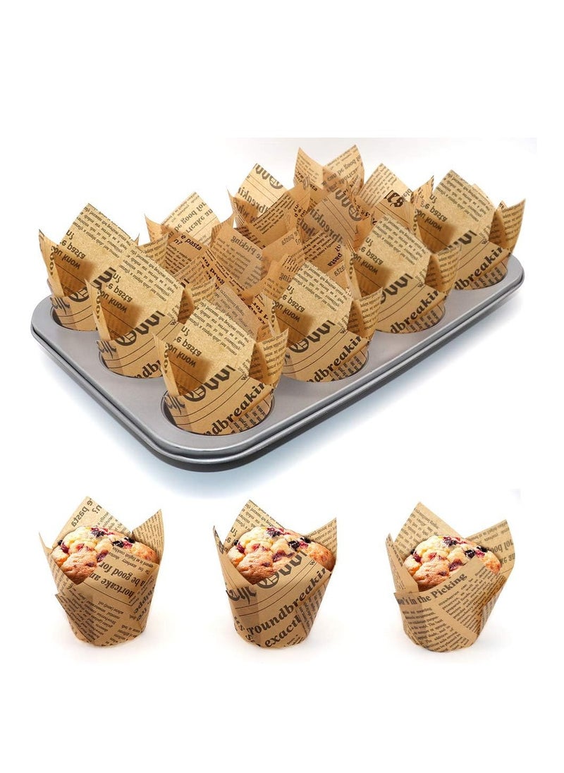 150pcs Tulip Cupcake Liners Baking Cups Muffin Liner Grease-Proof Paper Cupcake Wrappers for Wedding, Birthday Party, Standard Size (Natural Newspaper Printed)