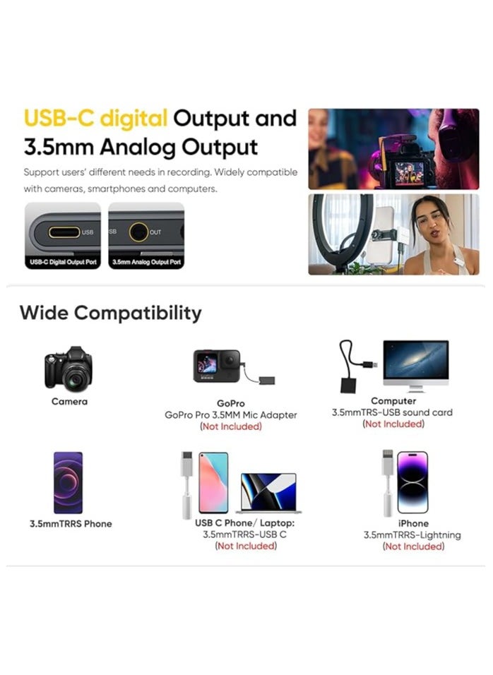 7Ryms iRay DW40 4-Channel Wireless Lavalier Microphone - Quad Transmitter, 48KHz/24 Bit, 656ft Range, Noise-Canceling Wireless Mic for iPhone, Android, Camera Multi-Person Video Recording(Black)