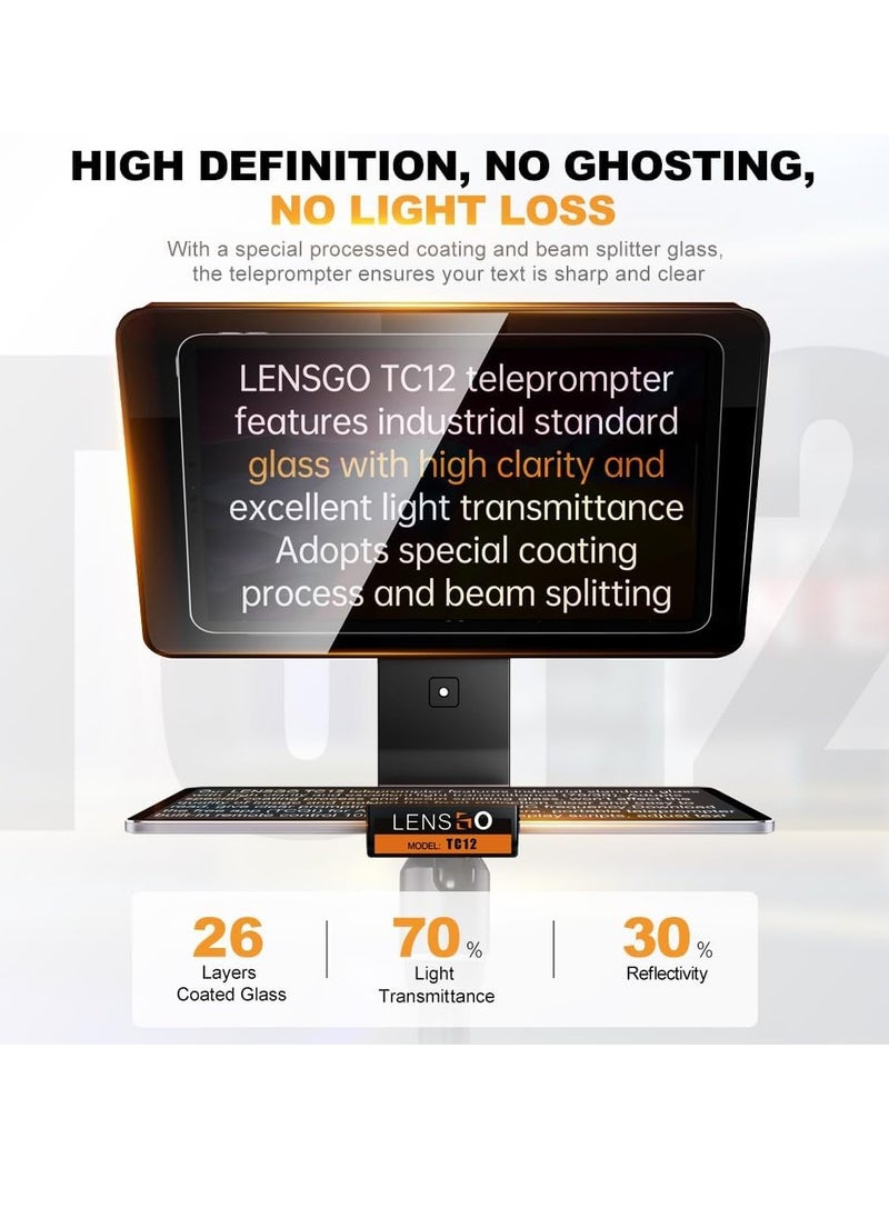 LENSGO TC12 Teleprompter for DSLR/Mirrorless Camera and Tablet up to 12.9 Inches, Professional Teleprompter for Video Recording, Vlogging, Live Streaming.