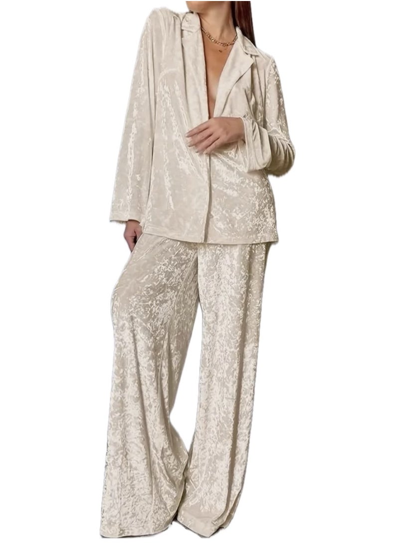 Velvet Two-Piece Loungewear Set, Beige, Long Sleeve Blazer with Wide-Leg Trousers, Plush