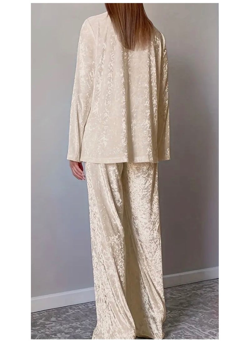 Velvet Two-Piece Loungewear Set, Beige, Long Sleeve Blazer with Wide-Leg Trousers, Plush