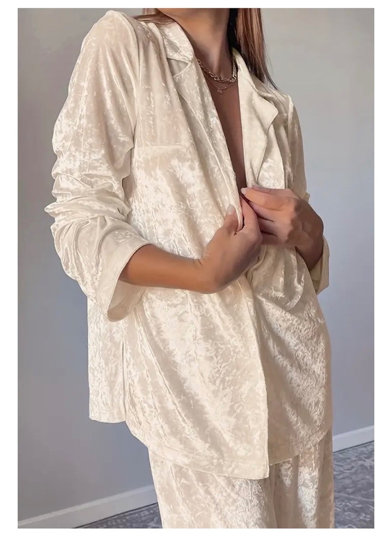 Velvet Two-Piece Loungewear Set, Beige, Long Sleeve Blazer with Wide-Leg Trousers, Plush