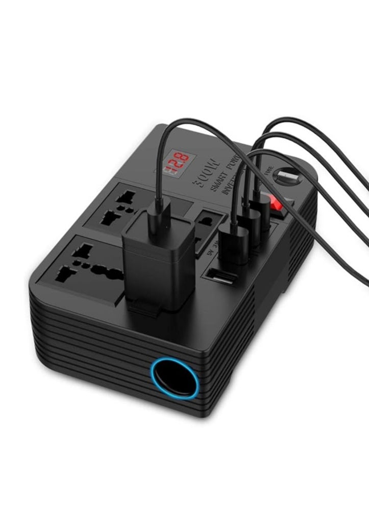 Spark 3 Power Inverter Quick Charge  Outlets  2 USB-A 2 / 2 USB-A 3 / 3 USB-C (PD) / 300W Max Power / Short Circuit Protection / Safe and Reliable / Overheat Protection / Multiple Function / Low Voltage Protection / High Voltage Protection / Surge Protection - Black