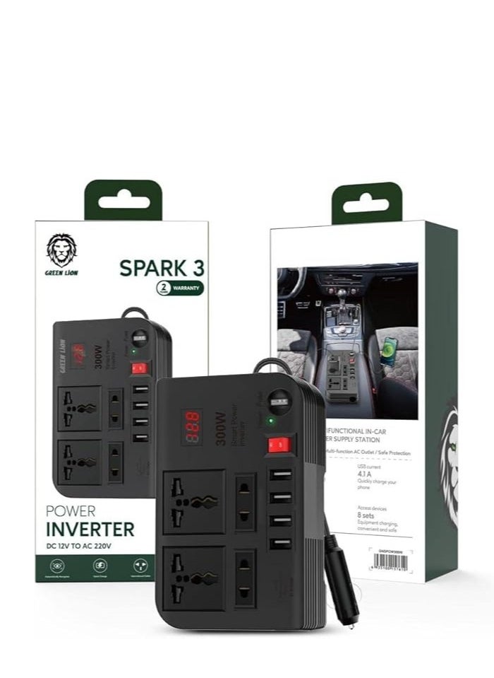 Spark 3 Power Inverter Quick Charge  Outlets  2 USB-A 2 / 2 USB-A 3 / 3 USB-C (PD) / 300W Max Power / Short Circuit Protection / Safe and Reliable / Overheat Protection / Multiple Function / Low Voltage Protection / High Voltage Protection / Surge Protection - Black