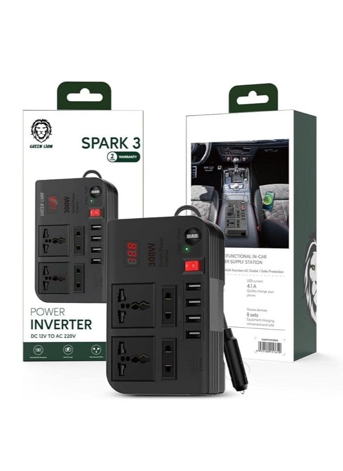 Spark 3 Power Inverter Quick Charge  Outlets  2 USB-A 2 / 2 USB-A 3 / 3 USB-C (PD) / 300W Max Power / Short Circuit Protection / Safe and Reliable / Overheat Protection / Multiple Function / Low Voltage Protection / High Voltage Protection / Surge Protection - Black