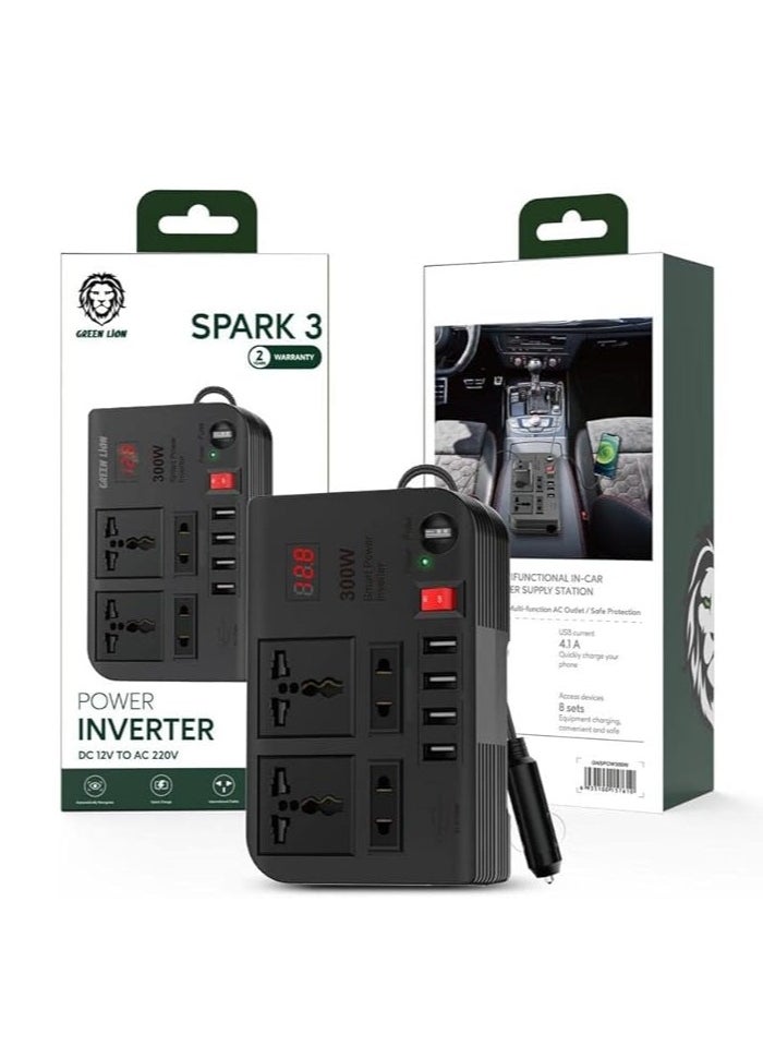 Spark 3 Power Inverter Quick Charge  Outlets  2 USB-A 2 / 2 USB-A 3 / 3 USB-C (PD) / 300W Max Power / Short Circuit Protection / Safe and Reliable / Overheat Protection / Multiple Function / Low Voltage Protection / High Voltage Protection / Surge Protection - Black