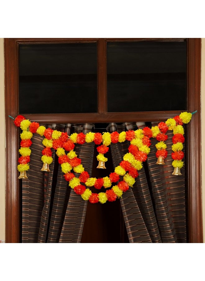 TIED RIBBONS Wall Door Hanging Artificial Marigold Flowers Garlands Bandhanwar Torans with Golden Bells -Decoration Item for Home Decor (Multi)