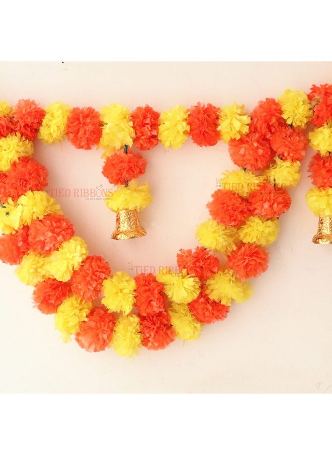 TIED RIBBONS Wall Door Hanging Artificial Marigold Flowers Garlands Bandhanwar Torans with Golden Bells -Decoration Item for Home Decor (Multi)