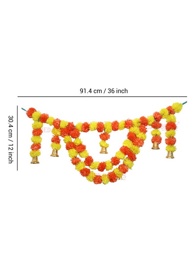 TIED RIBBONS Wall Door Hanging Artificial Marigold Flowers Garlands Bandhanwar Torans with Golden Bells -Decoration Item for Home Decor (Multi)