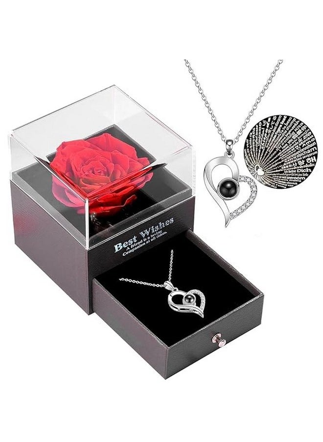 TIED RIBBONS Birthday Gift for Girls Girlfriend Wife Mom Mother Girls Women Friends Anniversary Wedding Valentine Gift Preserved Red Rose Flower Box with I Love You in 100 Languages (Silver Necklace)