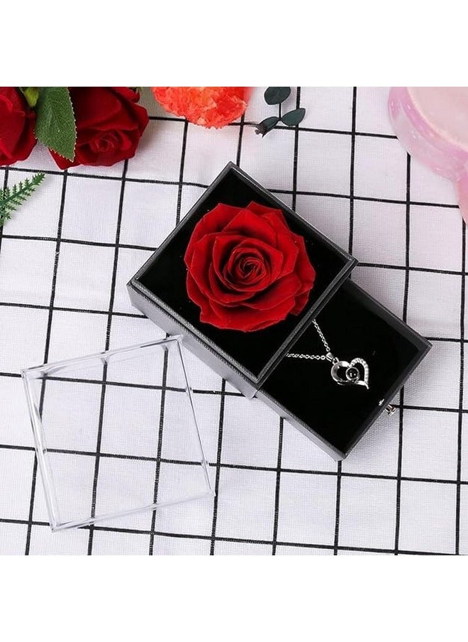 TIED RIBBONS Birthday Gift for Girls Girlfriend Wife Mom Mother Girls Women Friends Anniversary Wedding Valentine Gift Preserved Red Rose Flower Box with I Love You in 100 Languages (Silver Necklace)