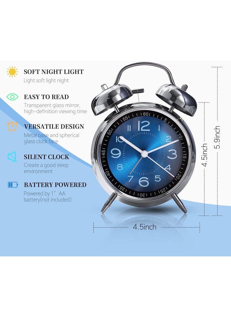 Analog Loud Alarm Clock with Backlight,Battery Operated,Silent Non Ticking,for Heavy Sleepers,Bedrooms,Bedside Table, 4inches Twin Bell Extra Retro Decorative Desk Clocks. (Blue)