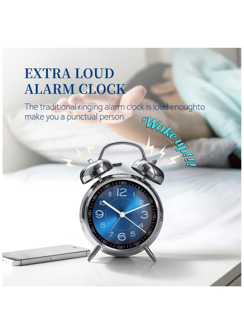 Analog Loud Alarm Clock with Backlight,Battery Operated,Silent Non Ticking,for Heavy Sleepers,Bedrooms,Bedside Table, 4inches Twin Bell Extra Retro Decorative Desk Clocks. (Blue)