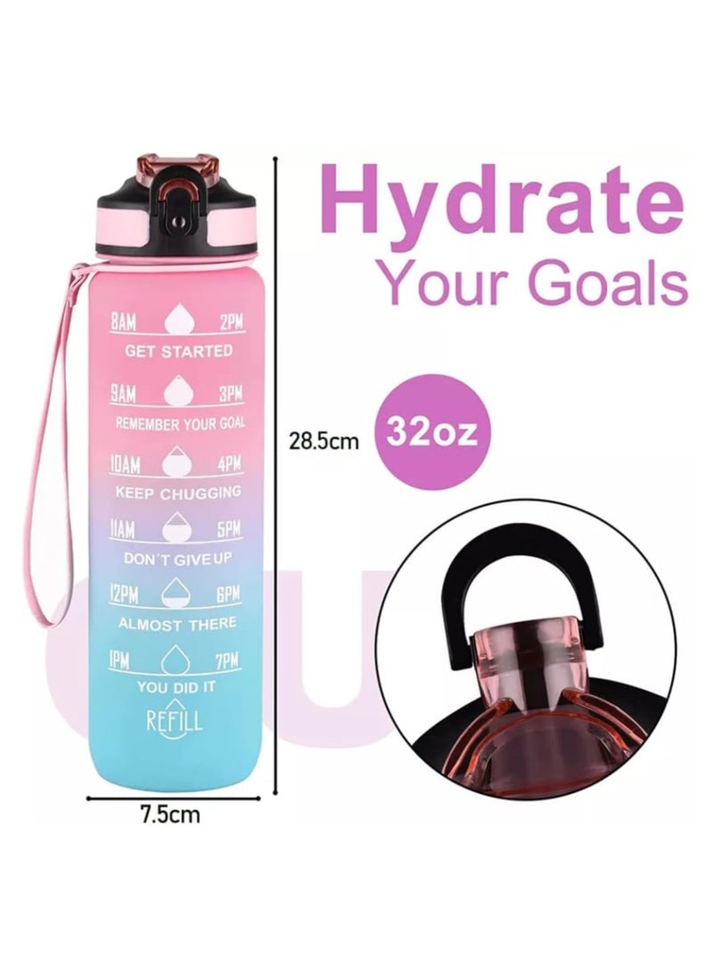 Water Bottle 1L / 32oz with Motivational Time Marker Straw Strainer SK Tritan Plastic BPA Free Sport