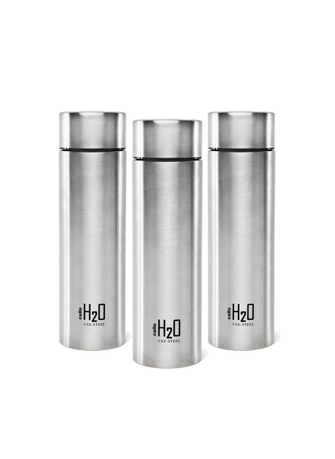 CELLO H2O Stainless Steel Water Bottle | Leak proof & break-proof | Lid is sealed by a silicone ring | Best Usage for Office/School/College/Gym/Picnic/Home/Fridge |1 Litre | Silver, 3 Unit