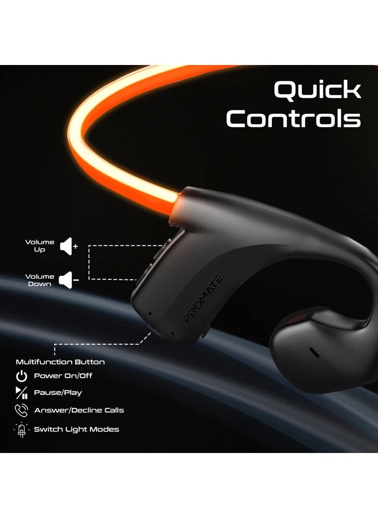 Promate Rippleglow Open-Ear Wireless Neckband Earphones, AuidioConduct Technology, LED Running Light, Multi-Point Pairing, Up to 18 Hours Playback, Built-in Microphone, Black/Orange | Rippleglow