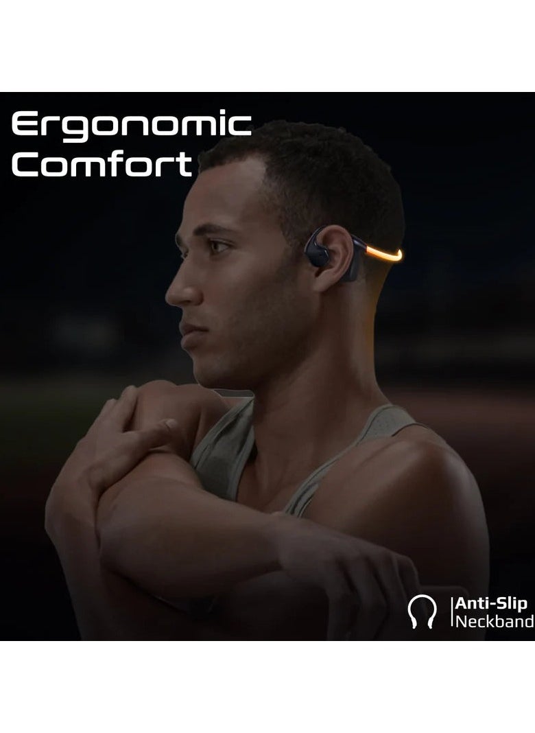 Promate Rippleglow Open-Ear Wireless Neckband Earphones, AuidioConduct Technology, LED Running Light, Multi-Point Pairing, Up to 18 Hours Playback, Built-in Microphone, Black/Orange | Rippleglow