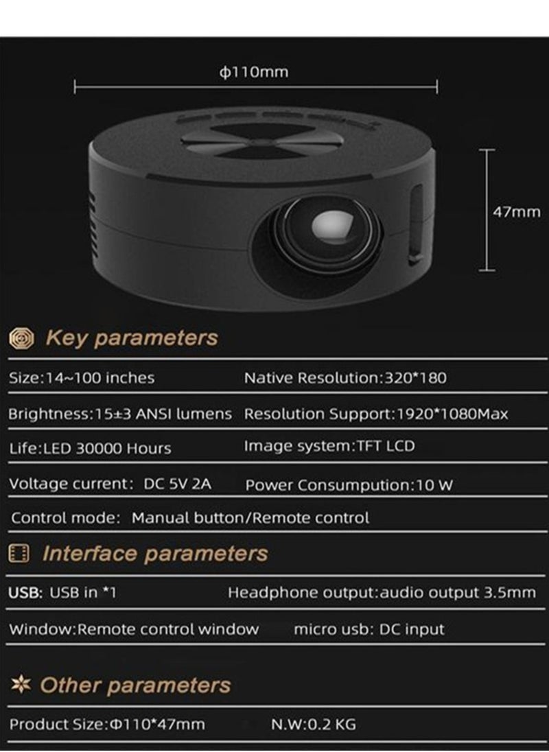 1080P HD Portable Mini Projector - Home and Outdoor Use, Phone Screen Mirroring, Includes 5V 2A Charging Cable