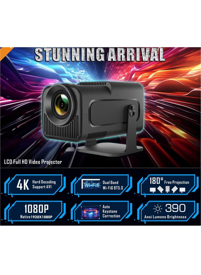 Mini Projector HY320 Auto Keystone 4K FHD 1080P Smart Projector | 10,000 Lumens, WiFi 6, BT 5.0, 180° Rotation | Built-in Android 11.0 | Outdoor Portable Projector - EU Plug