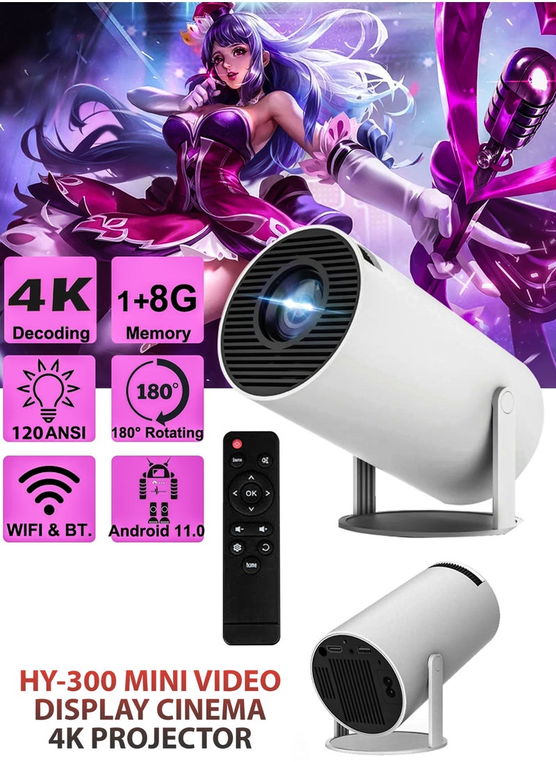 HY300 Smart Projector 120ANSI Lumens HD Projection Android 11 Portable Mini Cinema 130 Inches Screen Display Lamp 4K Home Movie Theater Gaming Office Work Video Presentations 180 Degree Rotating Screen Mobile Phone Projection