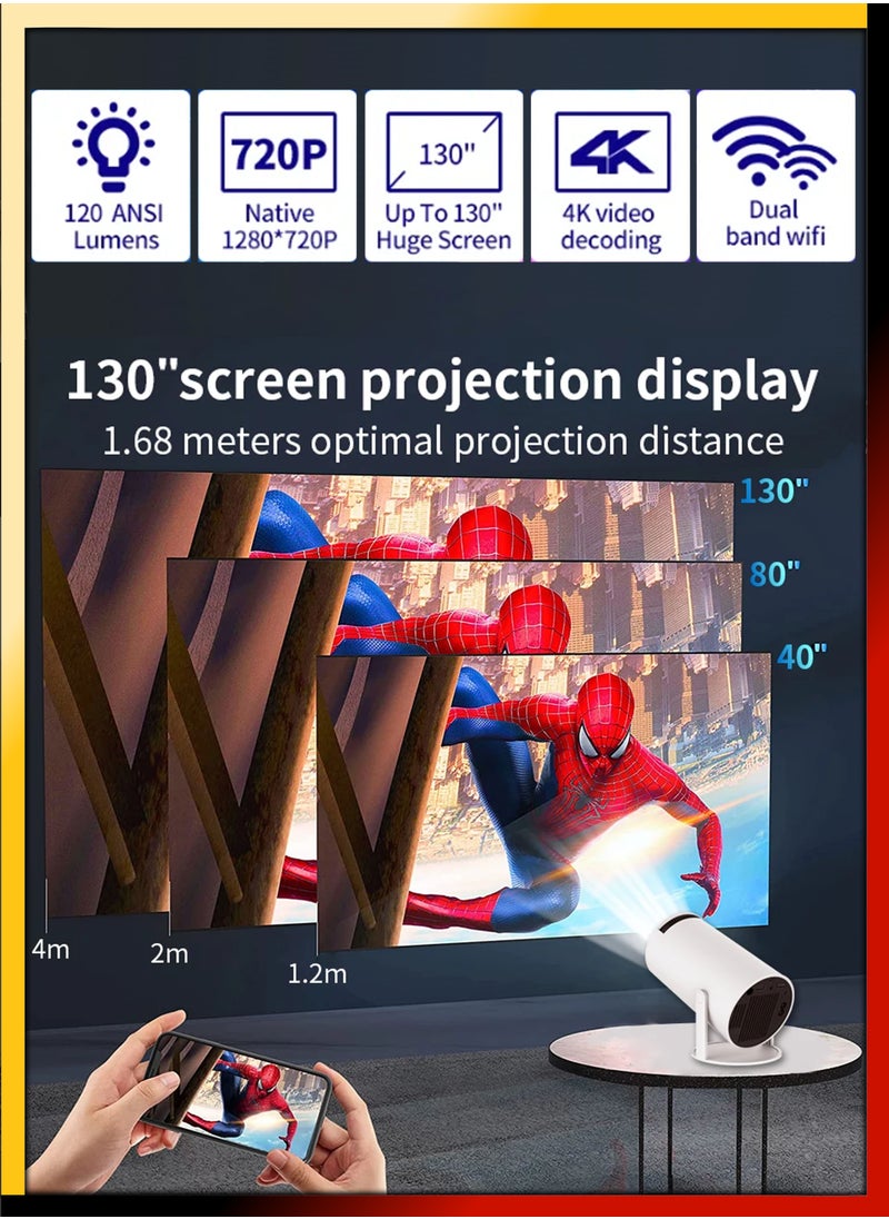 HY300 Smart Projector 120ANSI Lumens HD Projection Android 11 Portable Mini Cinema 130 Inches Screen Display Lamp 4K Home Movie Theater Gaming Office Work Video Presentations 180 Degree Rotating Screen Mobile Phone Projection