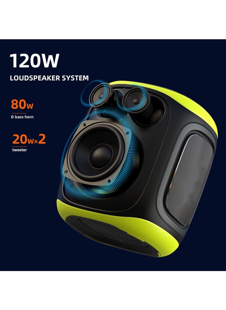 120W Wireless Bluetooth Party Speakers with Woofer, Dual Microphone KTV All-In-One Professional Outdoor Speaker System for Karaoke & Events