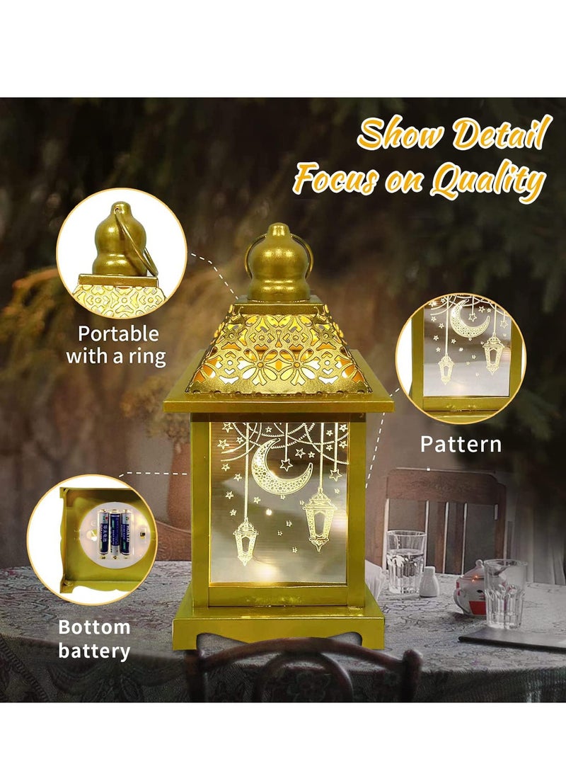 8in Large Ramadan Lantern with LED Candle, Warm White Ramadan Decorations, Gold Decorative Ramadan Lantern with Moon Star Light Pattern