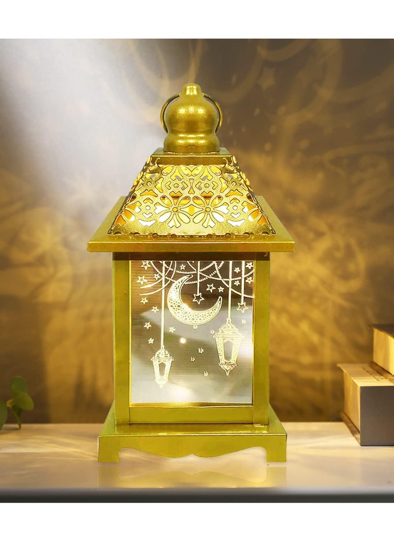 8in Large Ramadan Lantern with LED Candle, Warm White Ramadan Decorations, Gold Decorative Ramadan Lantern with Moon Star Light Pattern