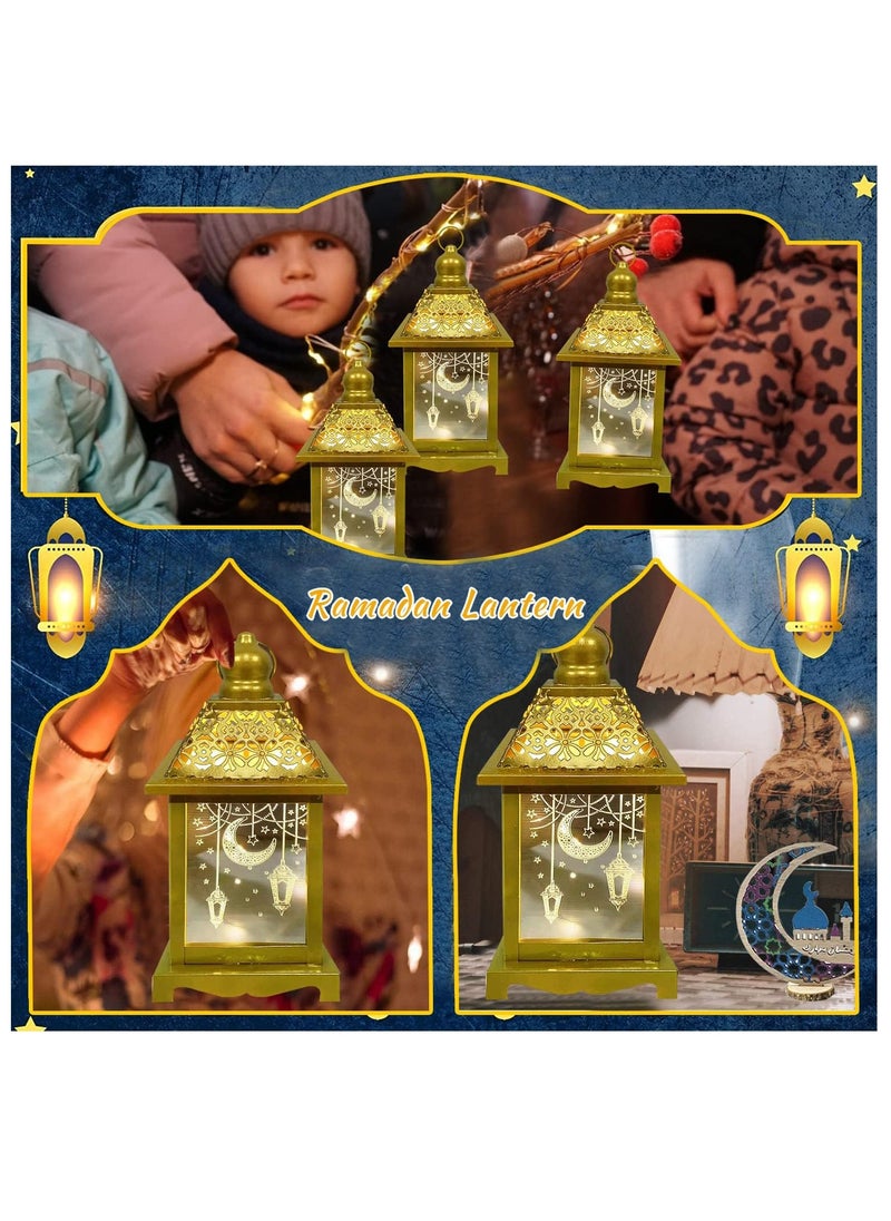 8in Large Ramadan Lantern with LED Candle, Warm White Ramadan Decorations, Gold Decorative Ramadan Lantern with Moon Star Light Pattern