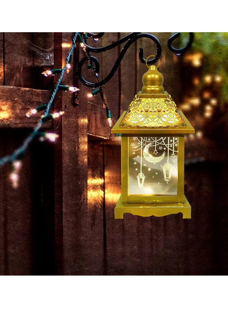 8in Large Ramadan Lantern with LED Candle, Warm White Ramadan Decorations, Gold Decorative Ramadan Lantern with Moon Star Light Pattern