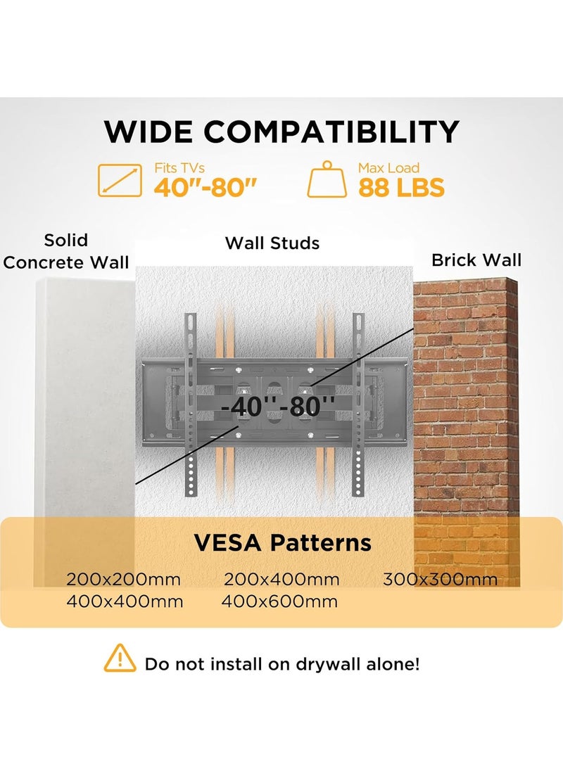 Full Motion TV Wall Mount for Most 40–80 inch Flat TVs up to 88 lbs, Bracket with Articulating Arms, Swivel, Tool-Free Tilt, Max VESA 600x400mm