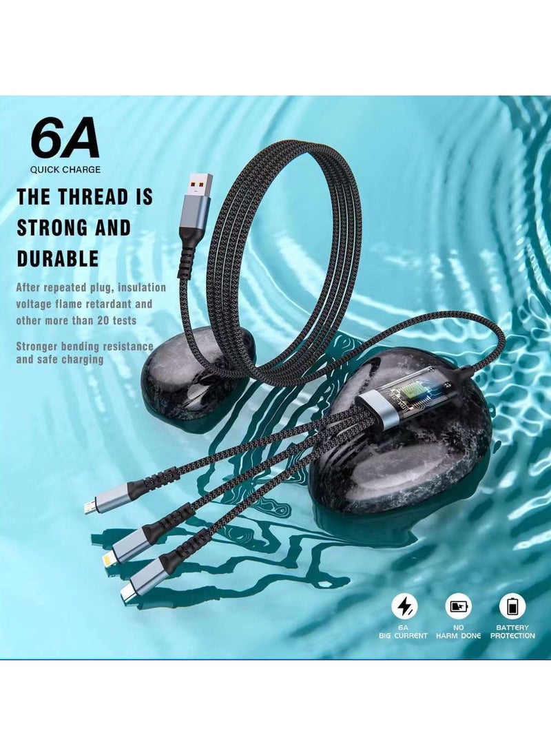 100W Transparent Digital Display Luminous Fast Charging One-to-Three Data Cable Suitable for Xiaomi Redmi Android Apple 6A Nylon Braided Data Cable High Current Fast Charging Cable Multi-head One-to-Three Thick Charging Cable Suitable for Galaxy S23, S22, S21, S20, A53, S10, Note 20, 10, 9, Moto Android Type-C Cable Three-in-one Fast Charging Nylon Braided USB Data Cable