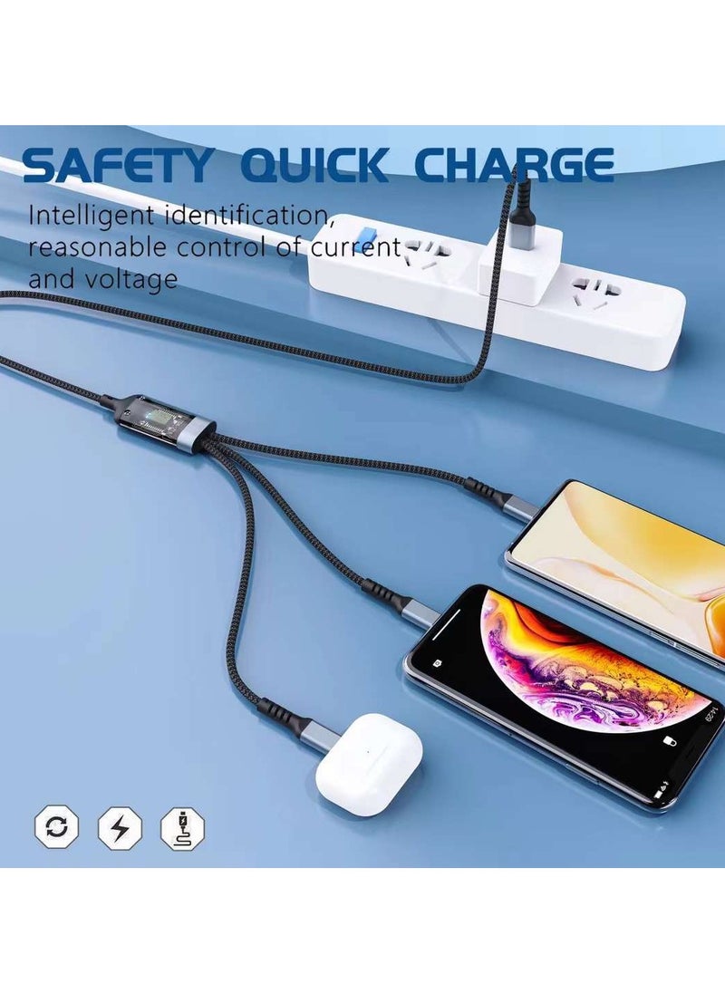 100W Transparent Digital Display Luminous Fast Charging One-to-Three Data Cable Suitable for Xiaomi Redmi Android Apple 6A Nylon Braided Data Cable High Current Fast Charging Cable Multi-head One-to-Three Thick Charging Cable Suitable for Galaxy S23, S22, S21, S20, A53, S10, Note 20, 10, 9, Moto Android Type-C Cable Three-in-one Fast Charging Nylon Braided USB Data Cable