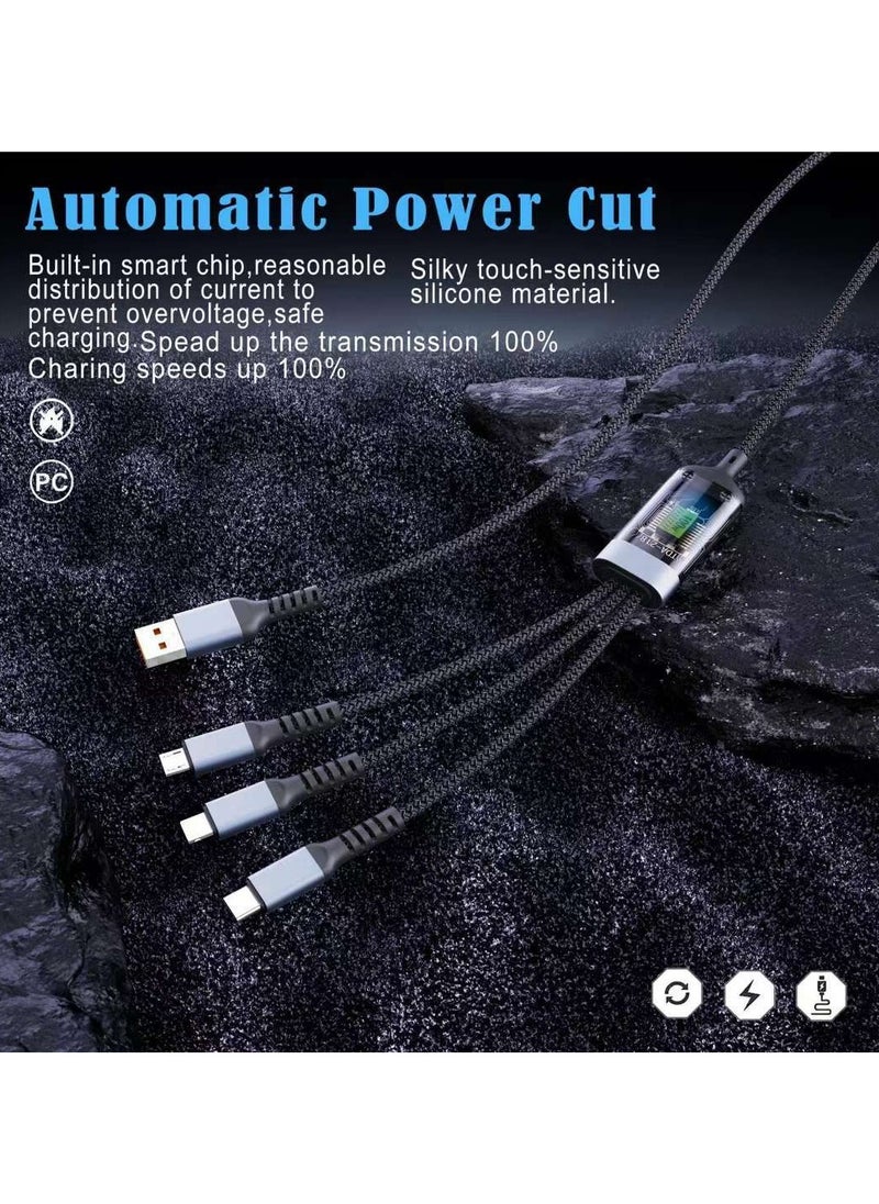 100W Transparent Digital Display Luminous Fast Charging One-to-Three Data Cable Suitable for Xiaomi Redmi Android Apple 6A Nylon Braided Data Cable High Current Fast Charging Cable Multi-head One-to-Three Thick Charging Cable Suitable for Galaxy S23, S22, S21, S20, A53, S10, Note 20, 10, 9, Moto Android Type-C Cable Three-in-one Fast Charging Nylon Braided USB Data Cable